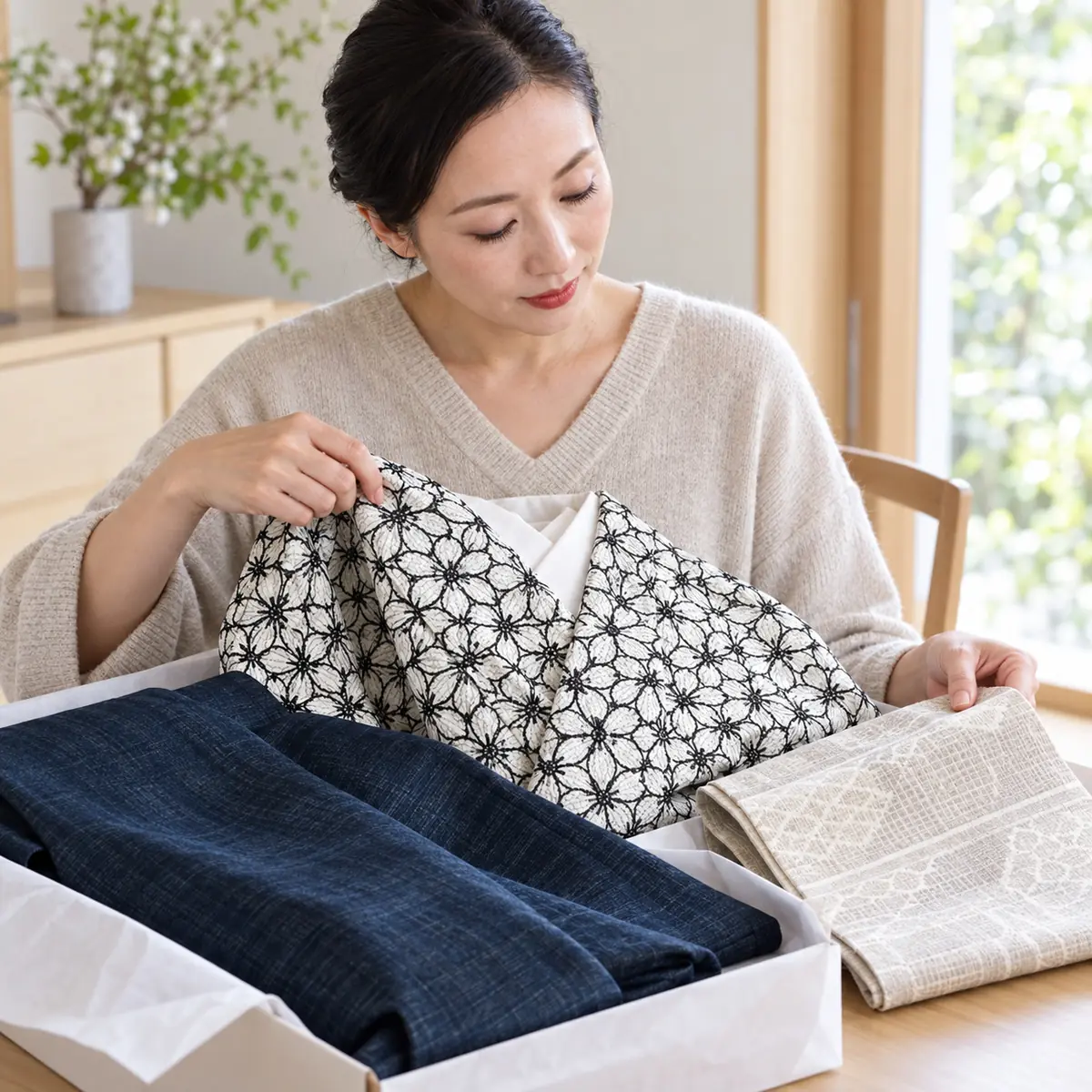 自宅で着物を確かめている