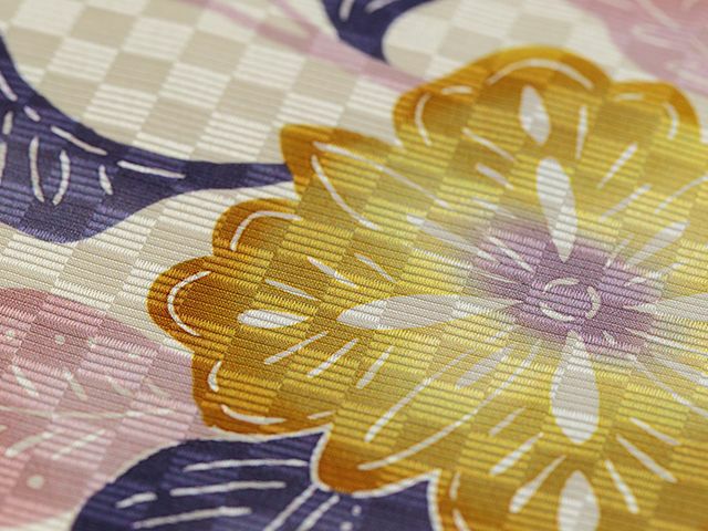 麻 名古屋帯 花柄 手描き染麻名古屋帯 萩 紺地