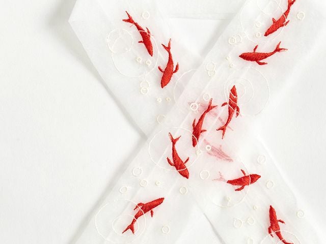 琴子 デニム金魚刺繍  マダガスカル柄帯 半襟 セット セキセイインコ柄半襟 | 刺繍デザイン - フリル帯,オリジナル着物,刺繍