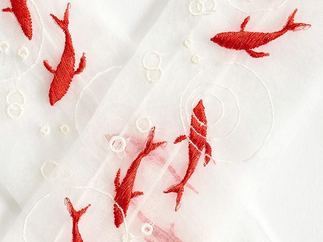 琴子 デニム金魚刺繍  マダガスカル柄帯 半襟 セット セキセイインコ柄半襟 | 刺繍デザイン - フリル帯,オリジナル着物,刺繍