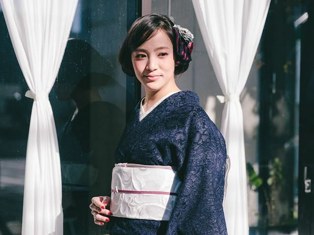 レンタル＞DRESSY着物-コードレース紺瑠璃×博多織 八寸名古屋帯