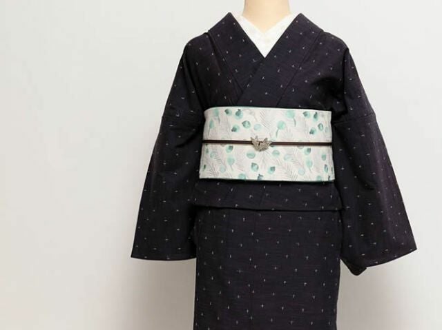 レンタル＞久留米絣-夜明けと天の川+リバーシブル半幅帯-孔雀と翡翠の