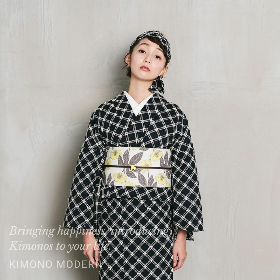 レース刺繍着物＞弾む、楽しみ。レース刺繍キモノーフレンチ格子-NAVY
