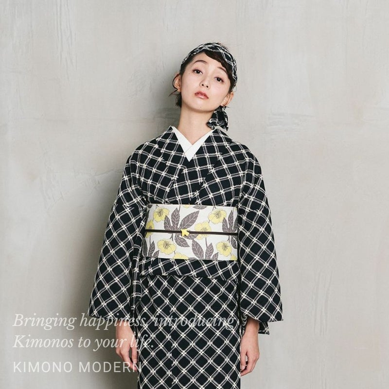 ＜レース刺繍キモノ＞弾む、楽しみ。レース刺繍キモノーフレンチ格子-NAVY