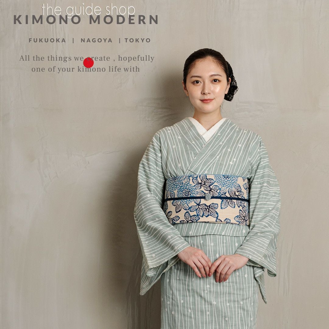 半幅帯　半帯　帯　藍染　百合　華紋　ドット　着物　103b p kimono cafe（キモノカフェ） 麻の半巾帯 箱むらくも絞り手染め帯 細帯