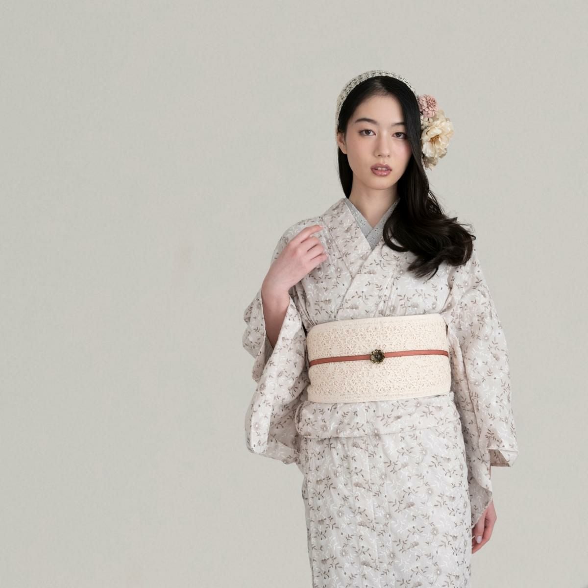 レース着物 レース 着物 木綿着物 春着物 キモノモダン レース着物 刺繍 単衣 ツイル フラワー カラーデニム 花柄 グレー
