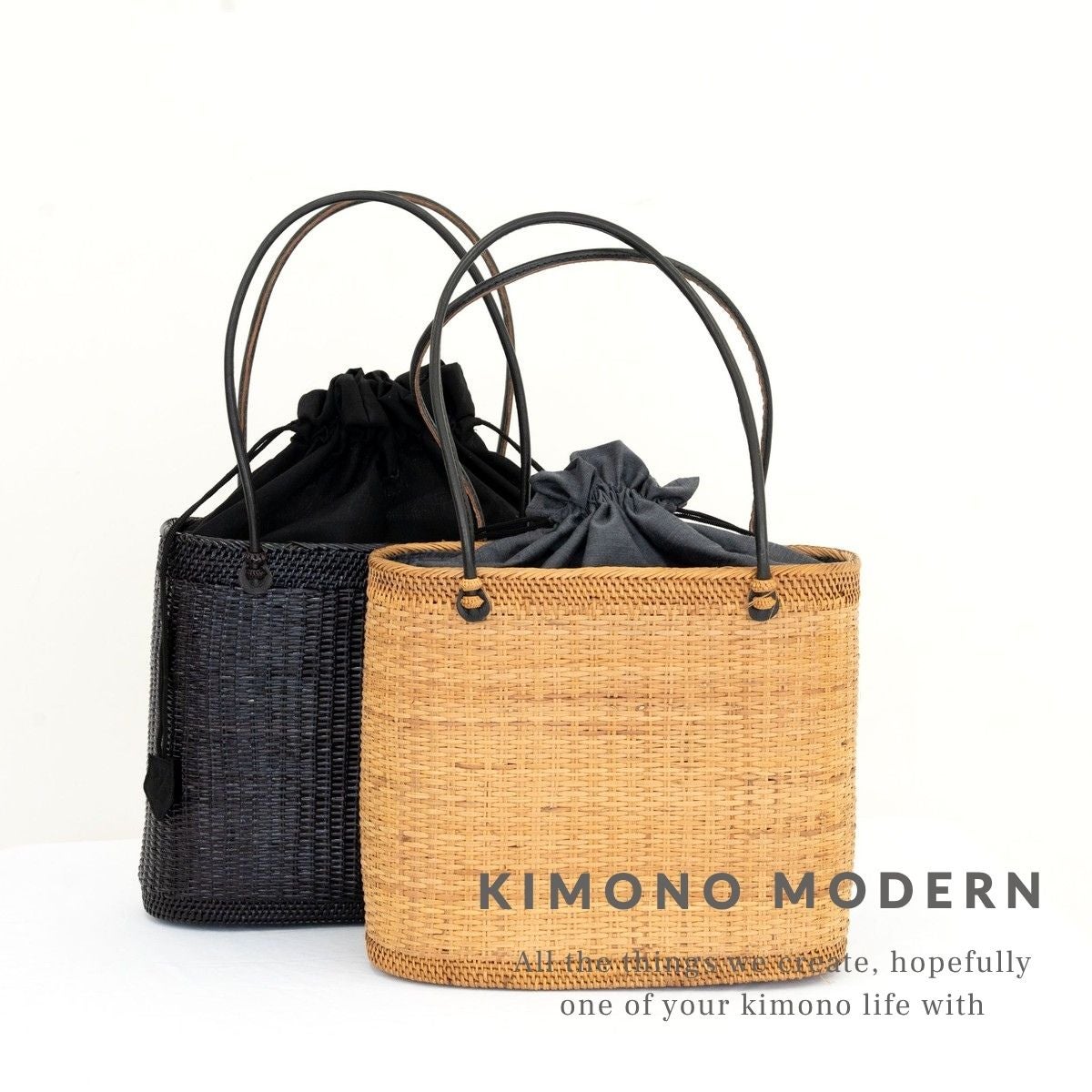 アタかごバッグ＞細編みスクエアバッグ（Natural／Black・牛革持ち手