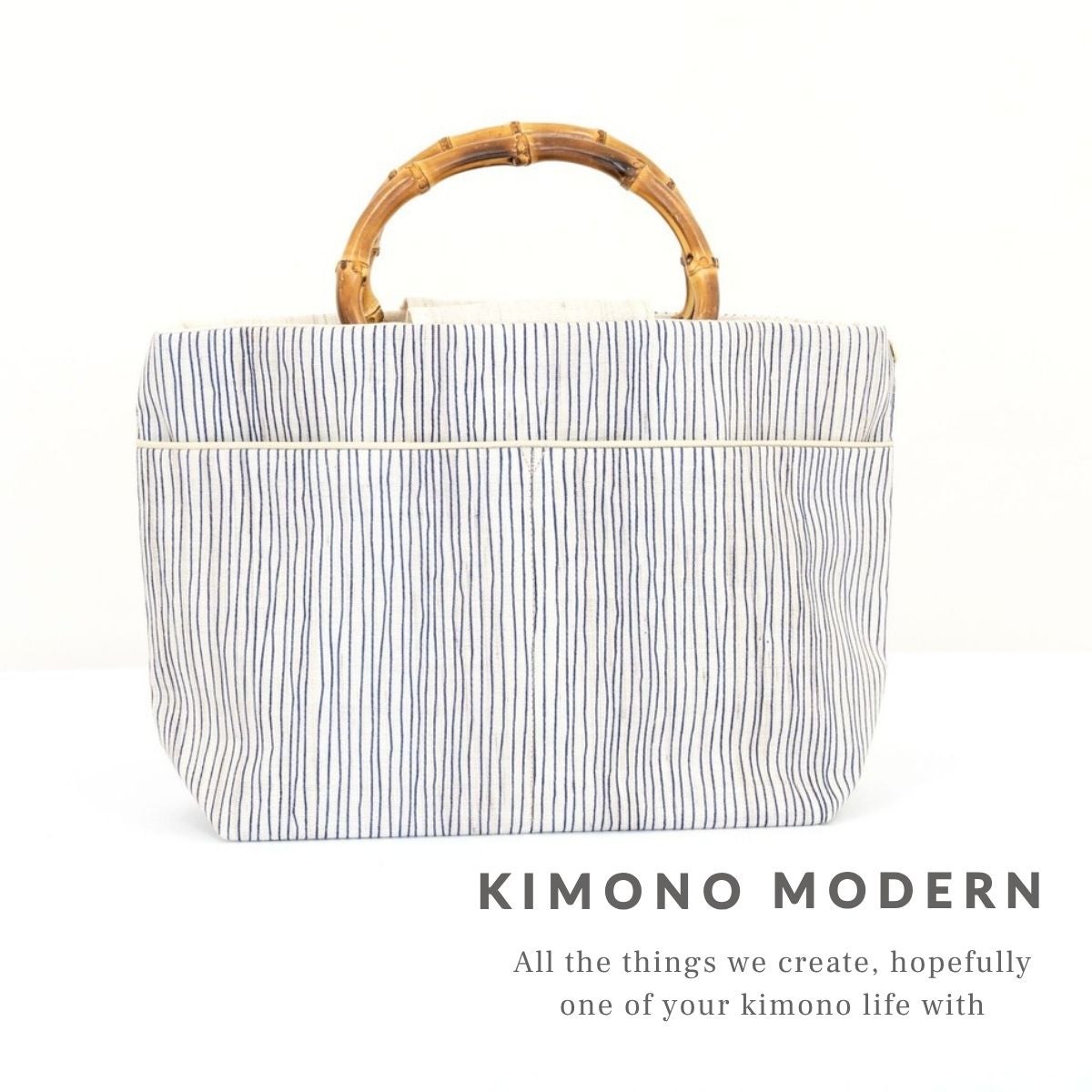 麻×竹ハンドルのトートbag＞縞の竹手バッグ（麻100%・紺ストライプ