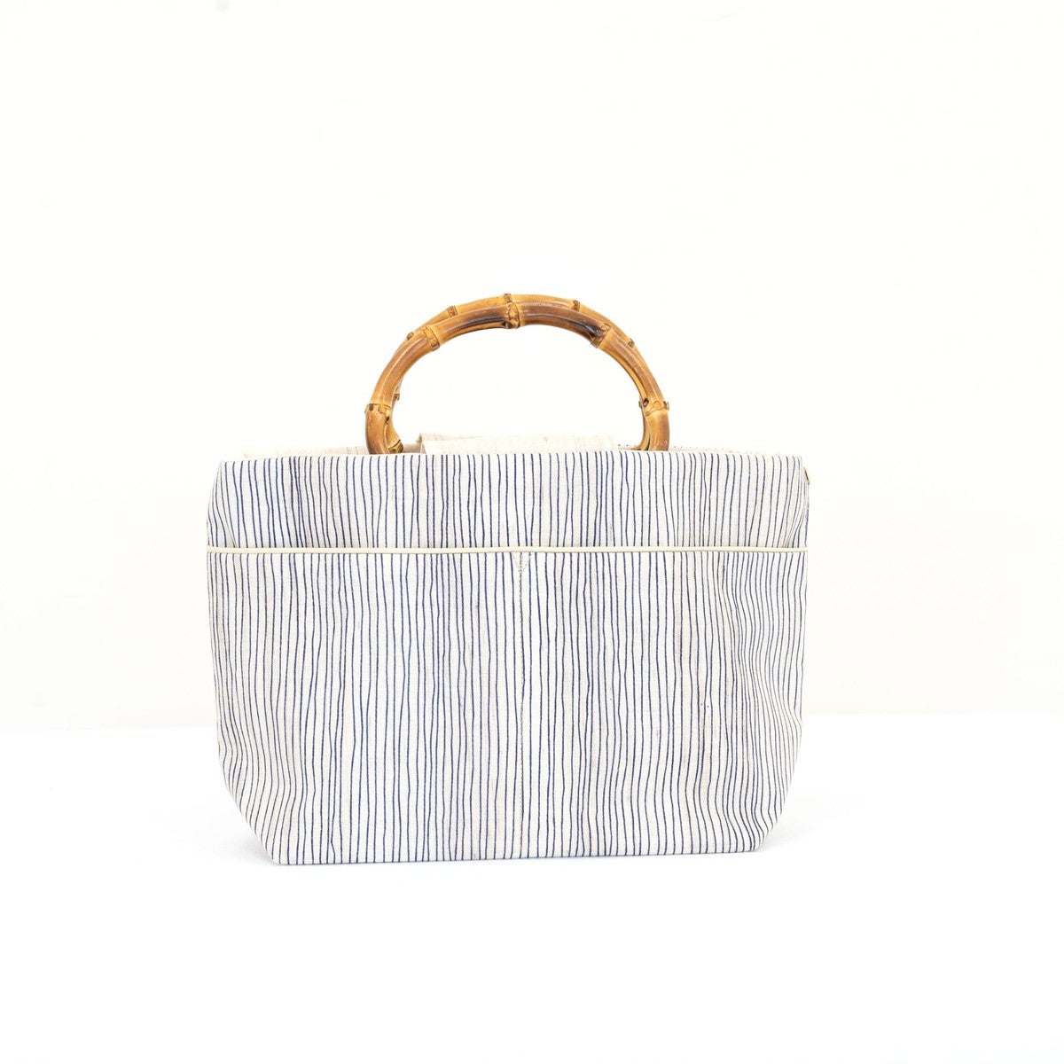 麻×竹ハンドルのトートbag＞縞の竹手バッグ（麻100%・紺ストライプ